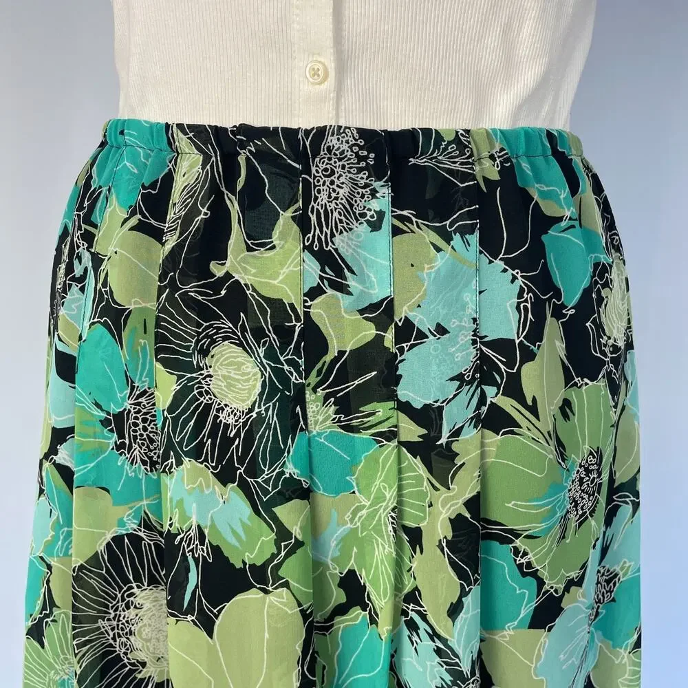 A Line Skirt Plus Size 1X Green Blue Floral Chiffon Flowy Spring Fairy Y2K